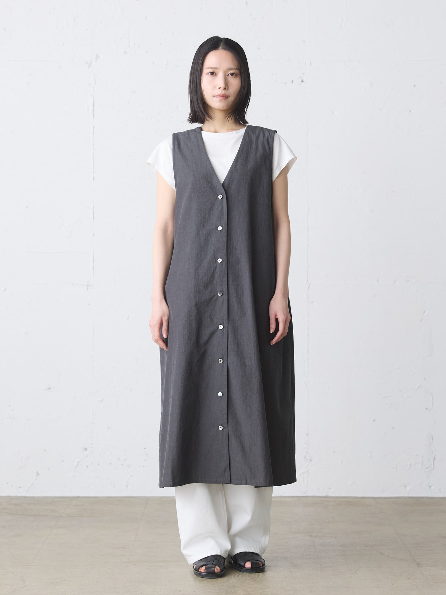V neck long gilet one-piece