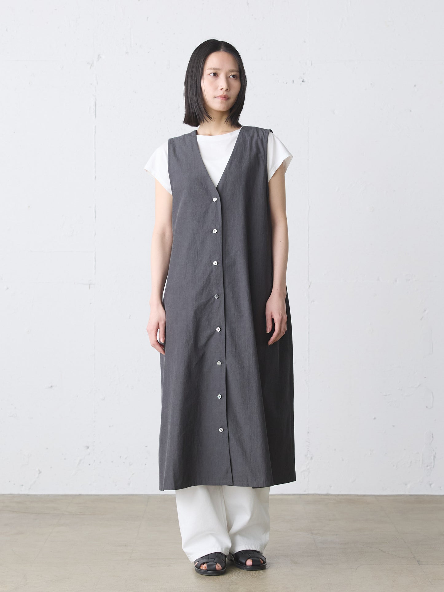 V neck long gilet one-piece