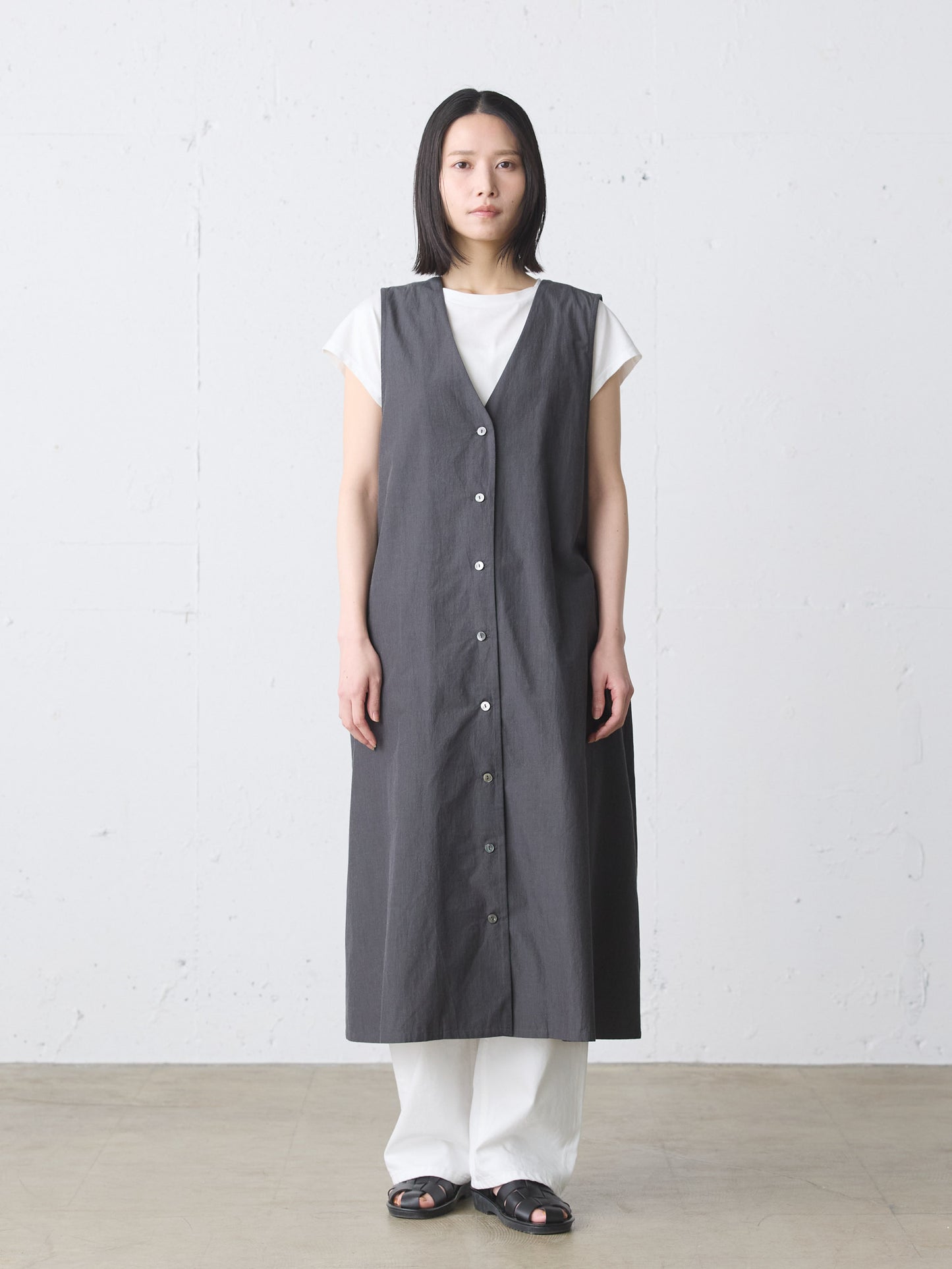 V neck long gilet one-piece