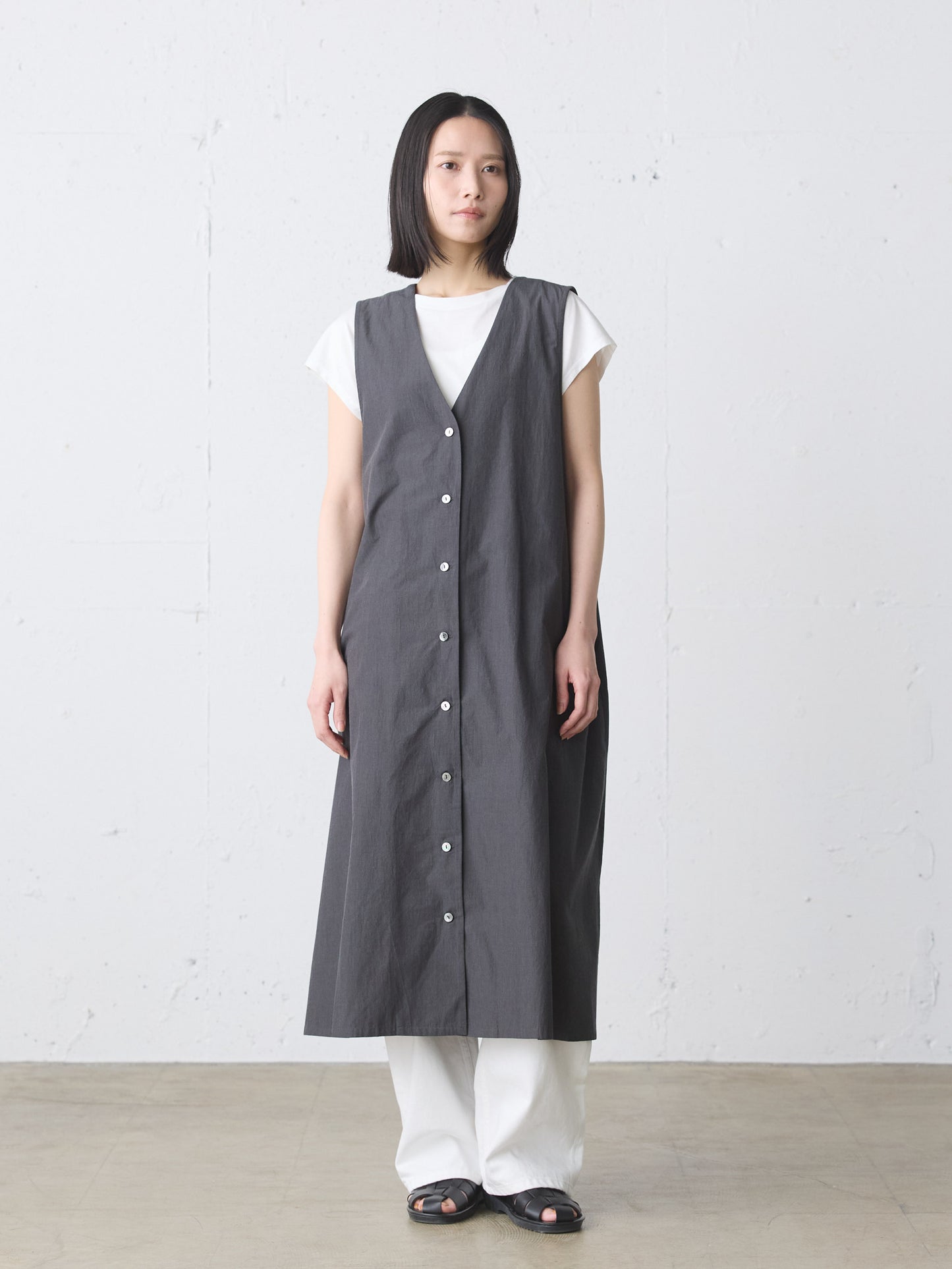 V neck long gilet one-piece
