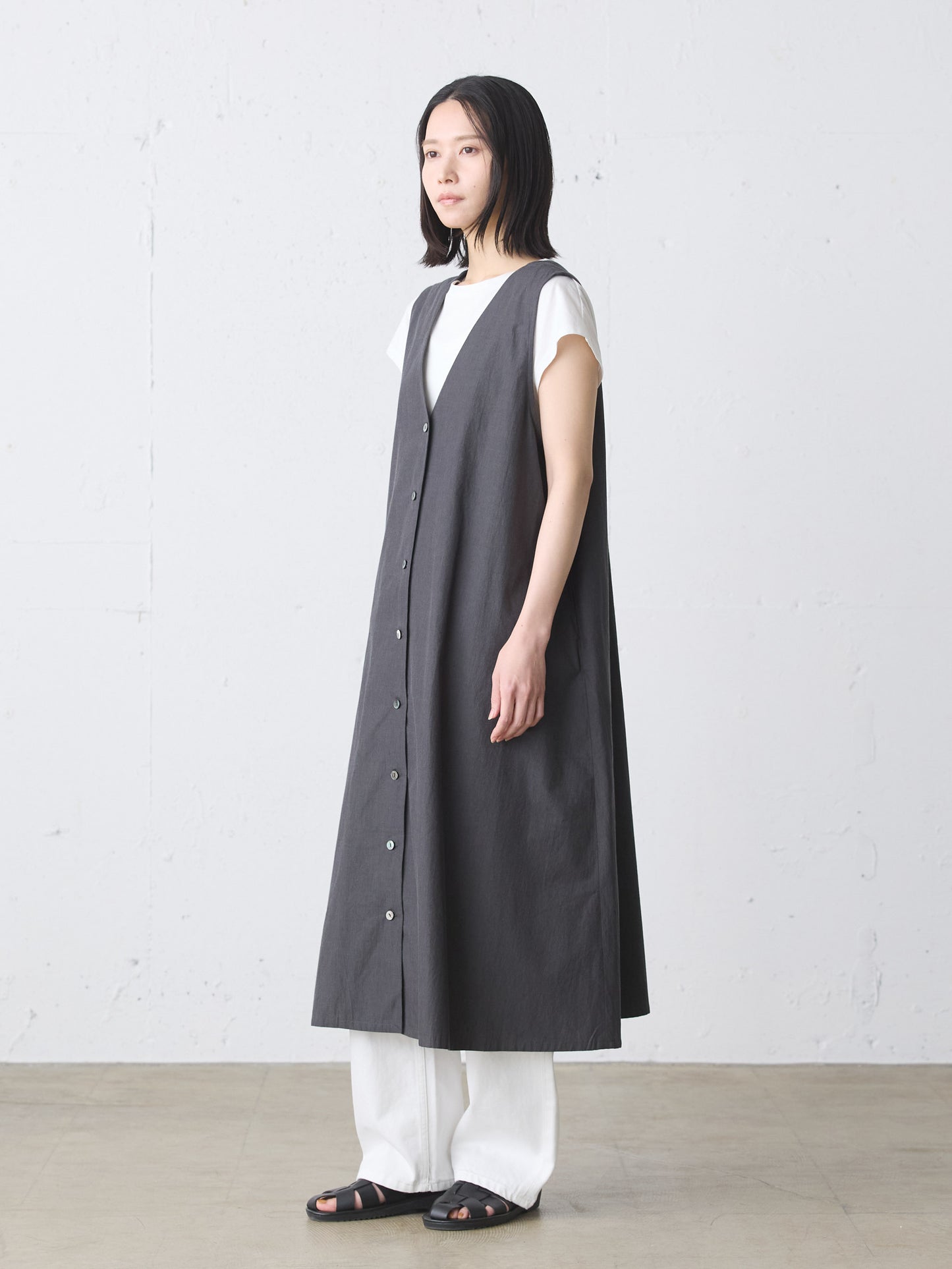 V neck long gilet one-piece