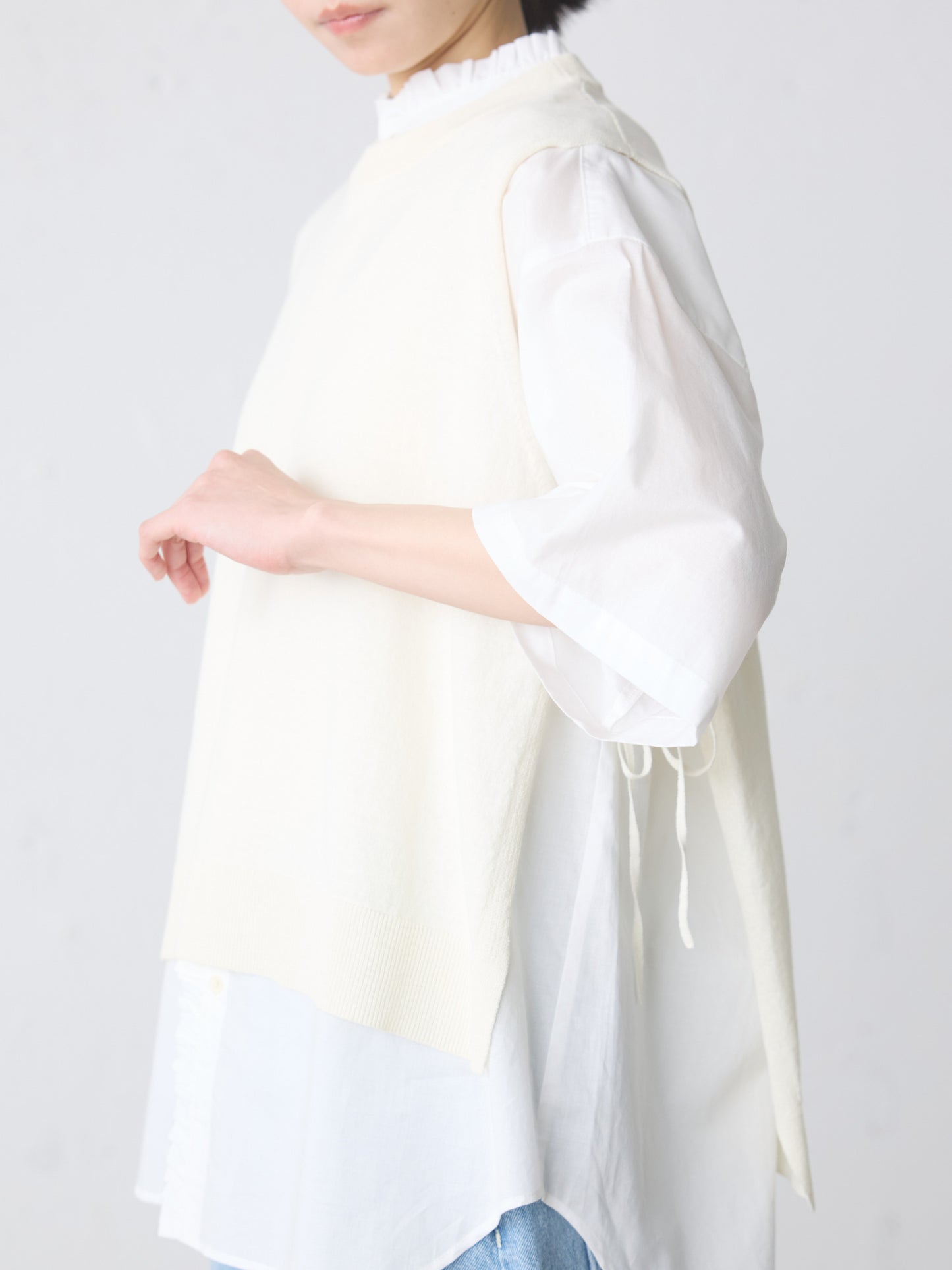 cotton linen side ribbon vest