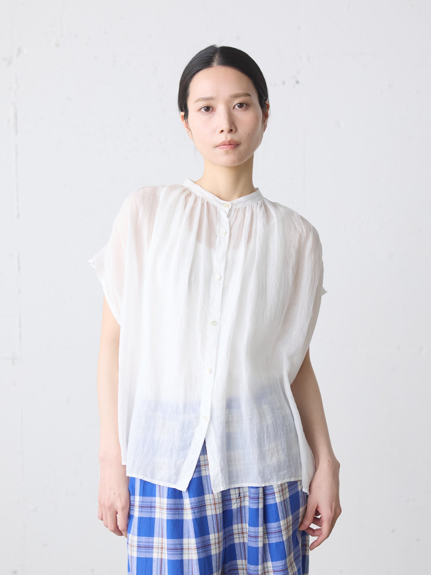 ramie gather nosleeve shirt