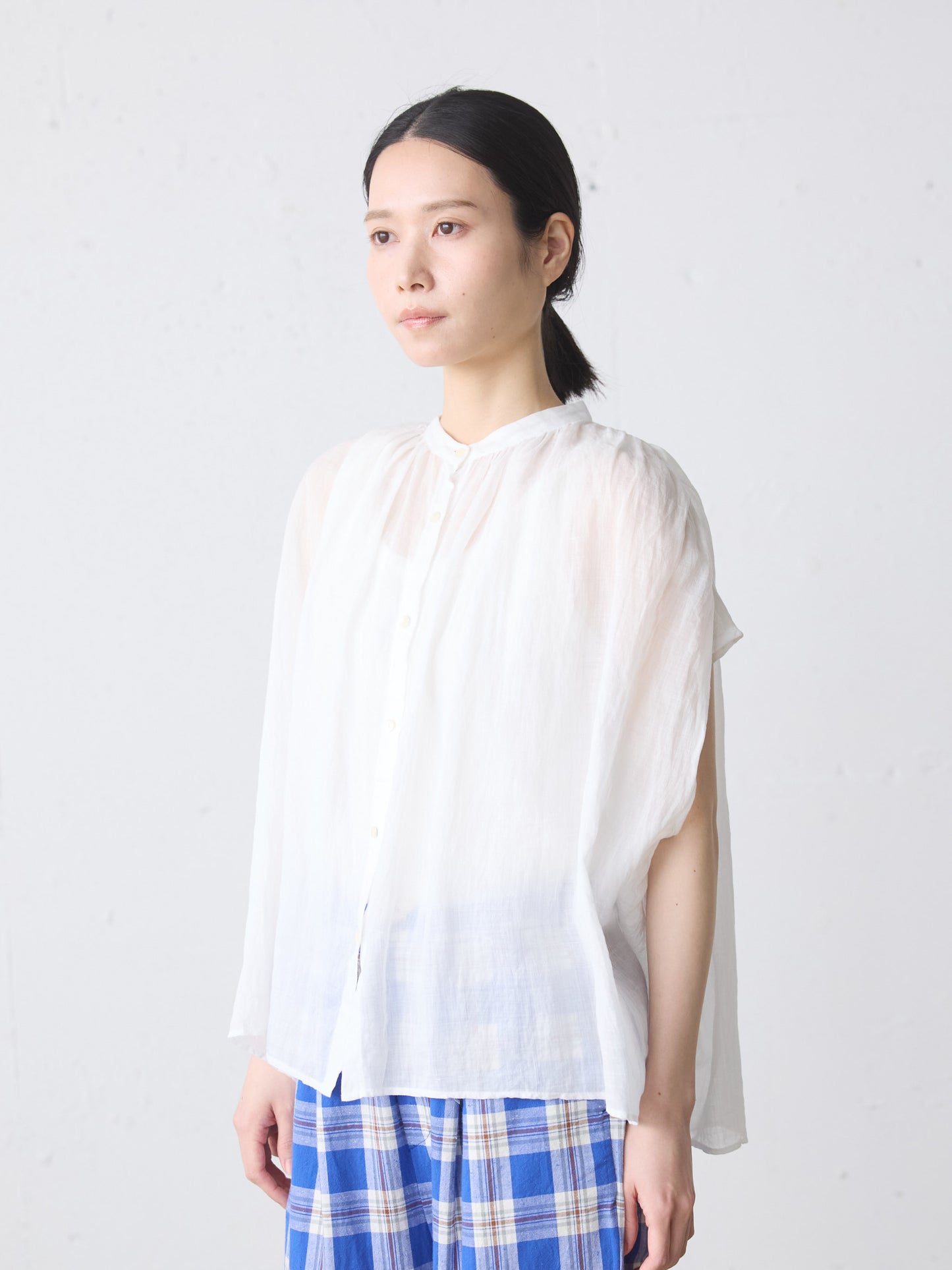 ramie gather nosleeve shirt