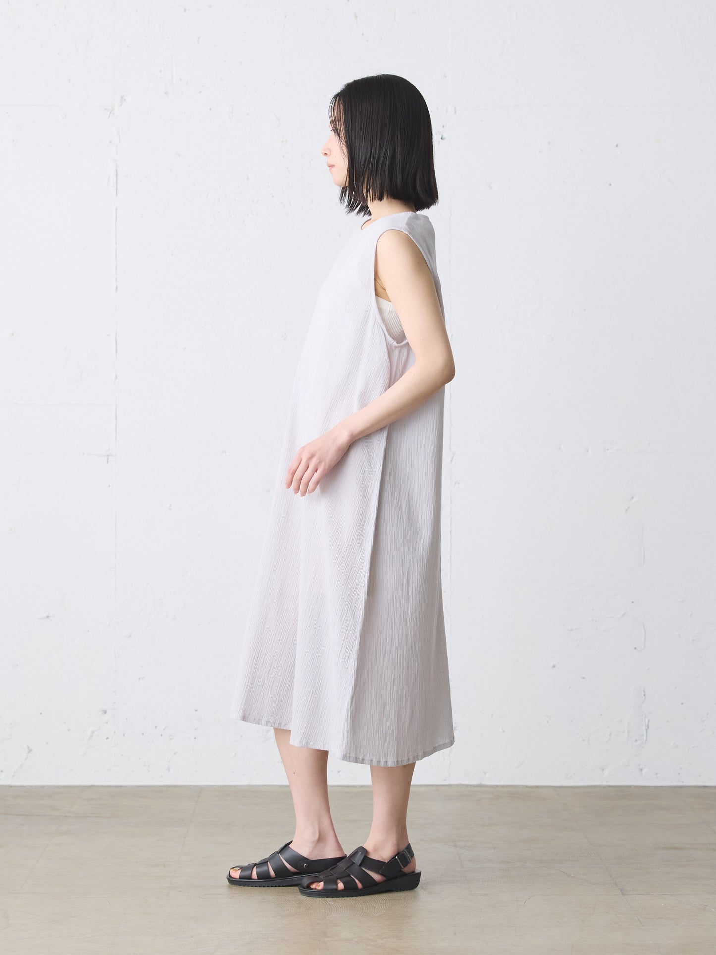 striped crepe nosleeve one-piece
