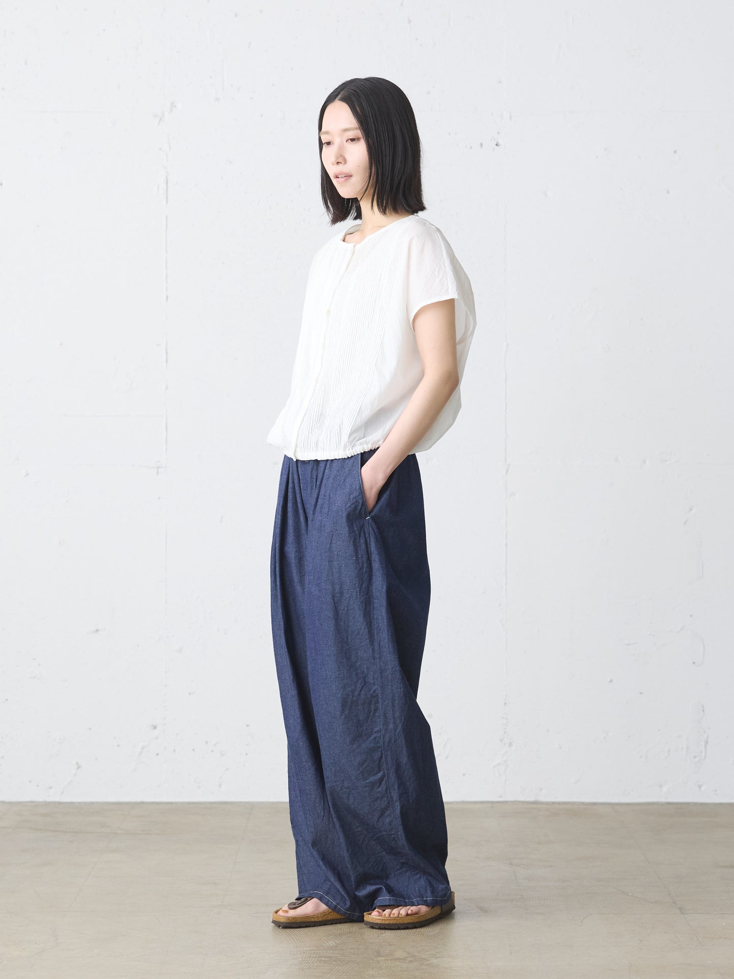 denim tuck wide easy pants