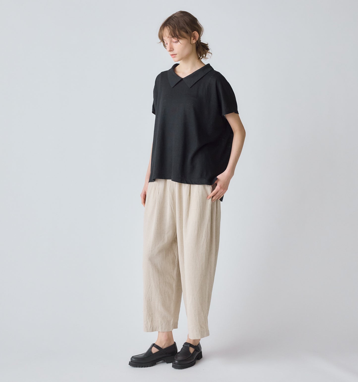 【A】linen with collar pullover